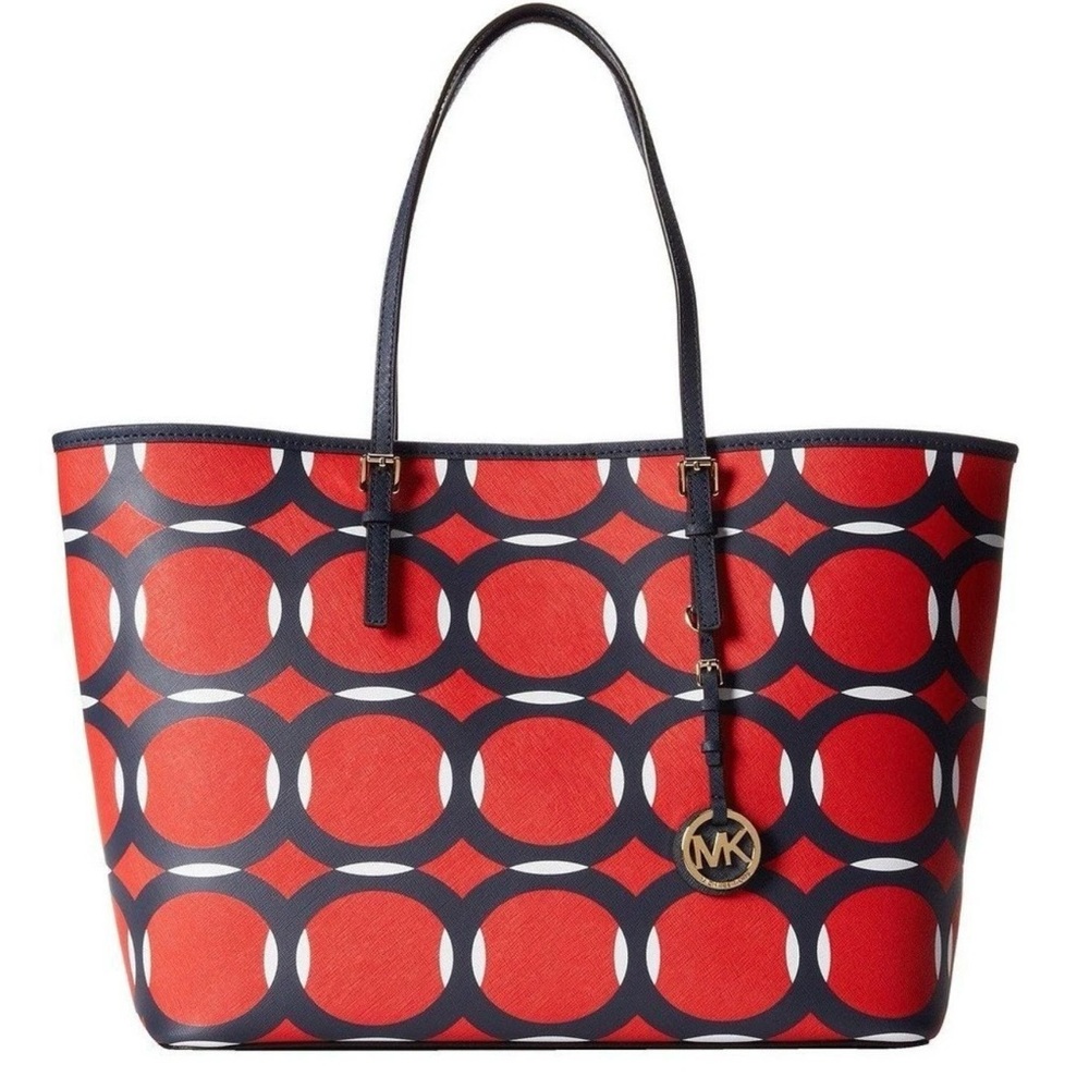 Michael Kors Jet Set Travel Deco Large Bucket Tote Red/Navy EUC